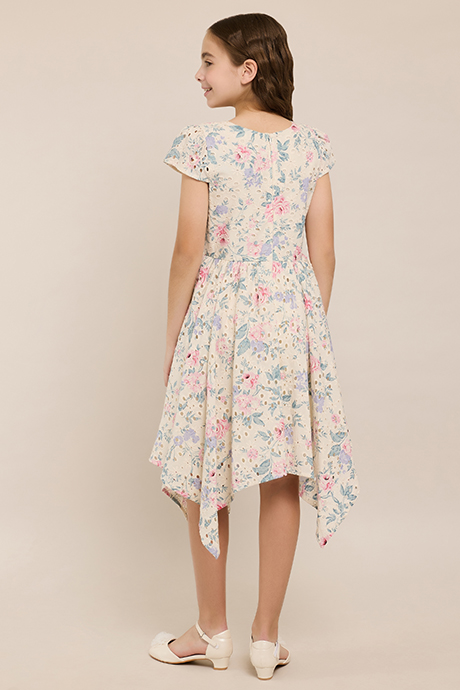 Floral Print Asymmetric Dress with Crew Neck and Short Sleeves