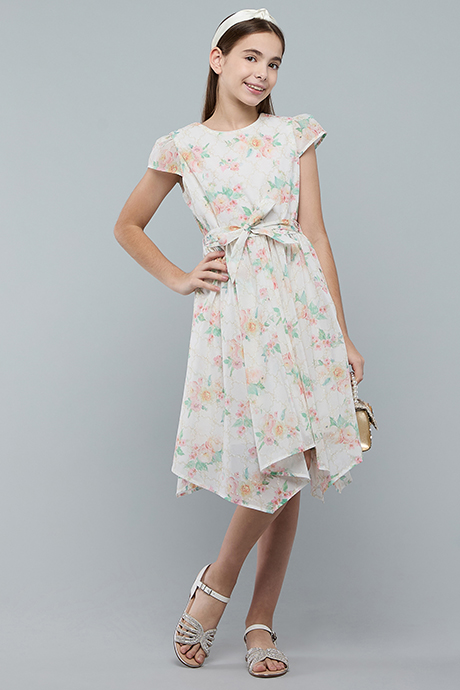 Floral Print Asymmetric Dress with Crew Neck and Cap Sleeves