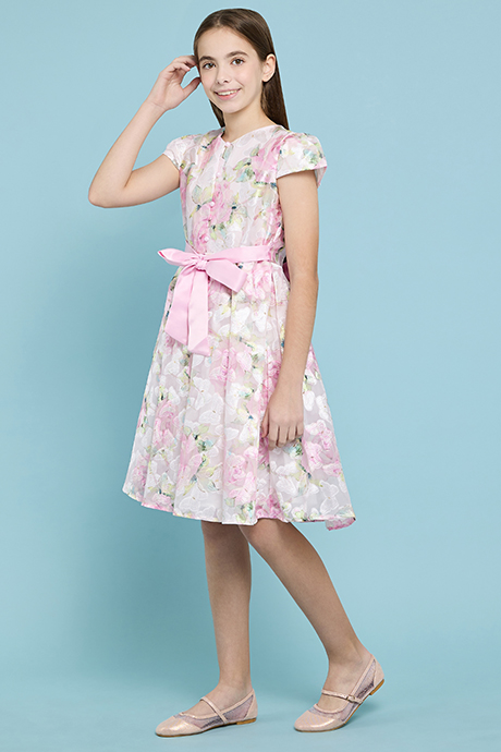 Floral Print Fit & Flare Dress with V-Neck and Cap Sleeves