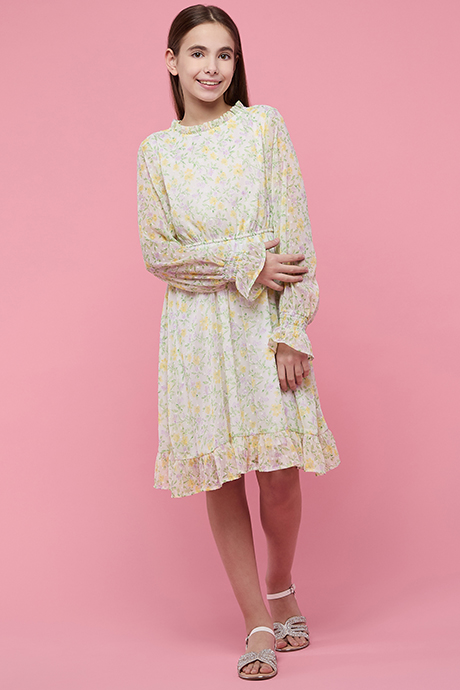 Floral Print Flared Dress with Crew Neck and Puff Sleeves