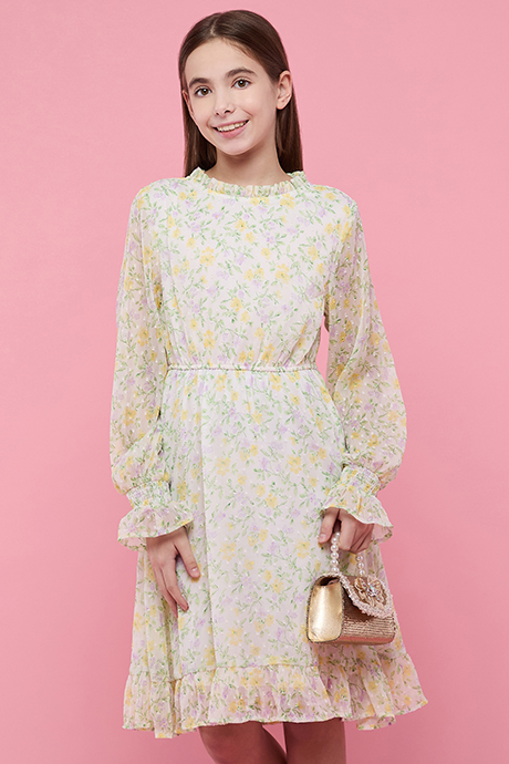 Floral Print Flared Dress with Crew Neck and Puff Sleeves