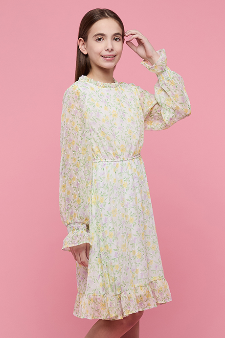 Floral Print Flared Dress with Crew Neck and Puff Sleeves