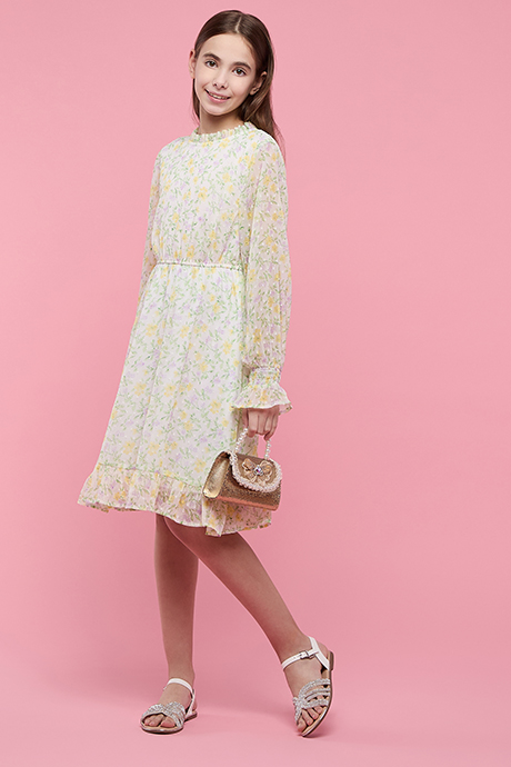 Floral Print Flared Dress with Crew Neck and Puff Sleeves