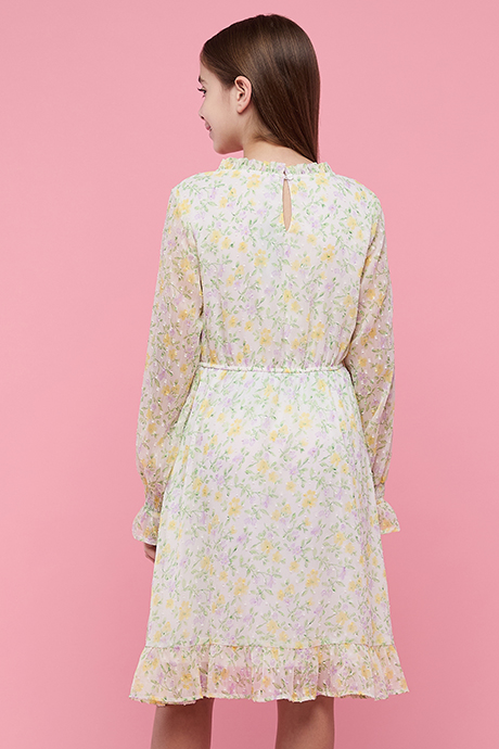 Floral Print Flared Dress with Crew Neck and Puff Sleeves