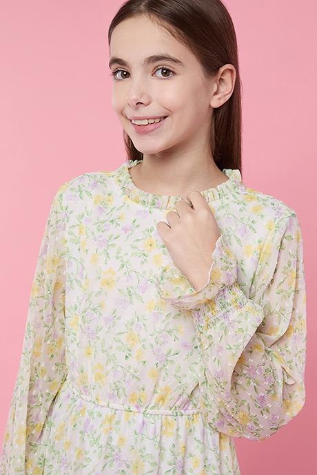 Floral Print Flared Dress with Crew Neck and Puff Sleeves