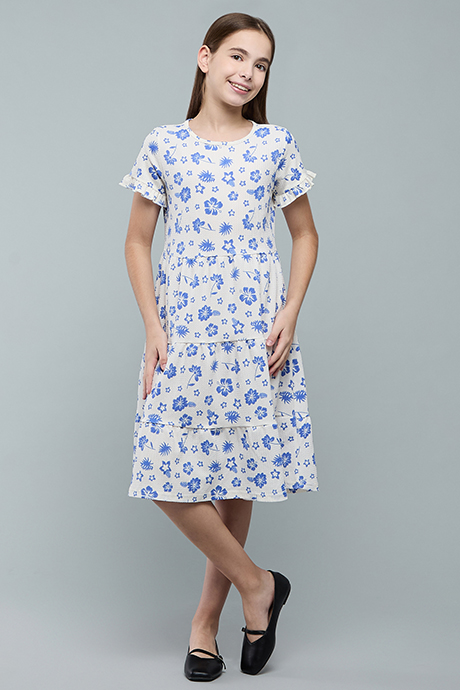 Printed Tiered Dress with Cre Neck and Short Sleeves