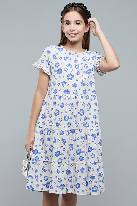 Printed Tiered Dress with Cre Neck and Short Sleeves