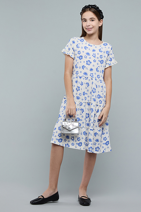 Printed Tiered Dress with Cre Neck and Short Sleeves