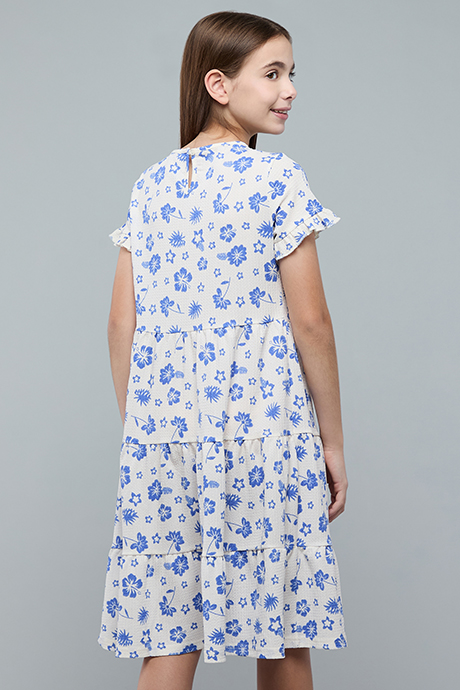 Printed Tiered Dress with Cre Neck and Short Sleeves