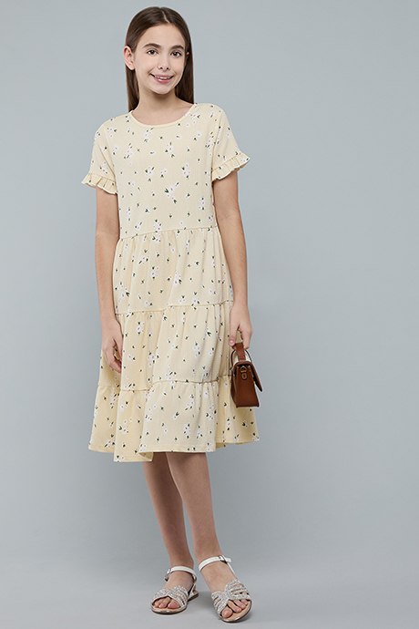Printed Tiered Dress with Cre Neck and Short Sleeves