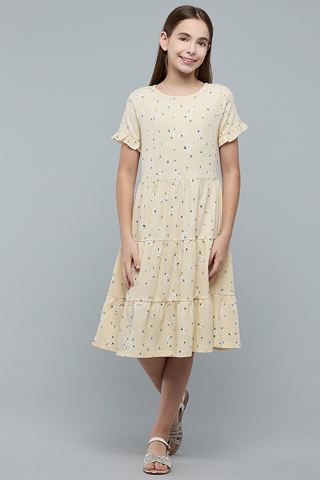 Printed Tiered Dress with Cre Neck and Short Sleeves