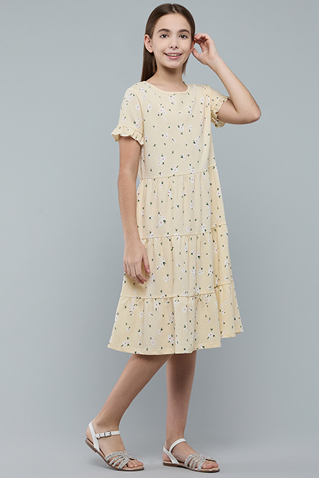 Printed Tiered Dress with Cre Neck and Short Sleeves
