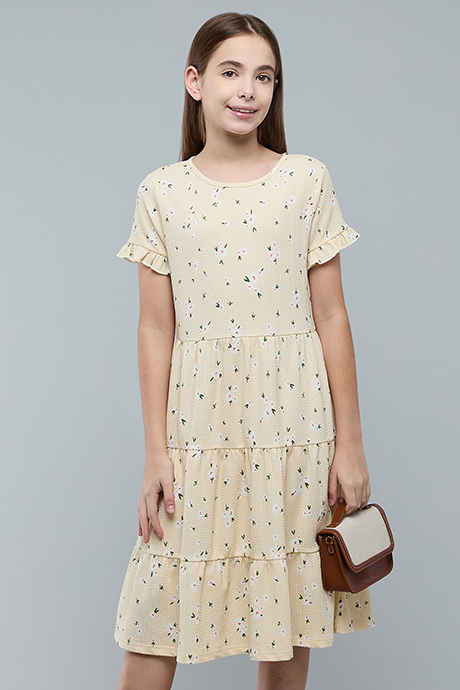 Printed Tiered Dress with Cre Neck and Short Sleeves