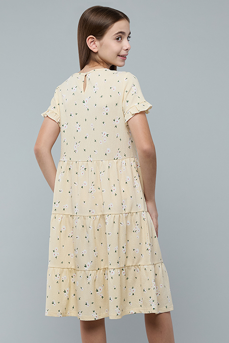 Printed Tiered Dress with Cre Neck and Short Sleeves