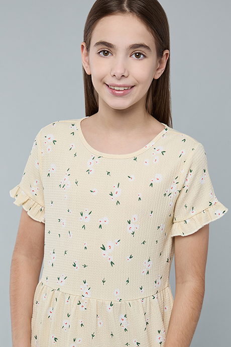 Printed Tiered Dress with Cre Neck and Short Sleeves