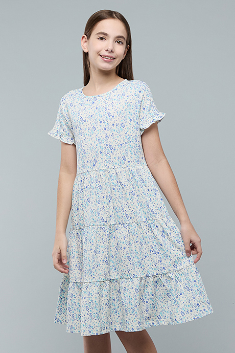 Printed Tiered Dress with Cre Neck and Short Sleeves