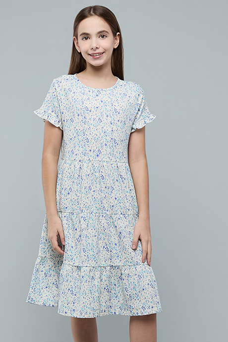 Printed Tiered Dress with Cre Neck and Short Sleeves