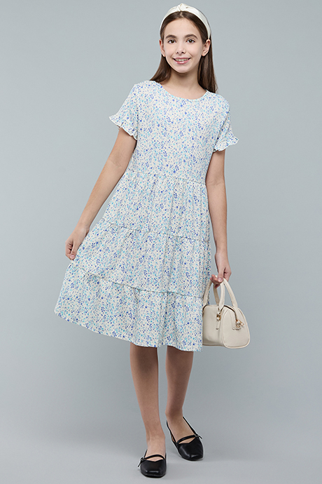 Printed Tiered Dress with Cre Neck and Short Sleeves