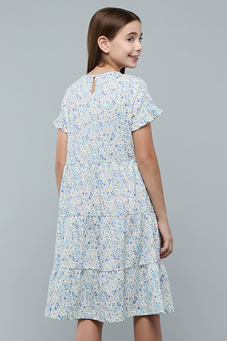 Printed Tiered Dress with Cre Neck and Short Sleeves