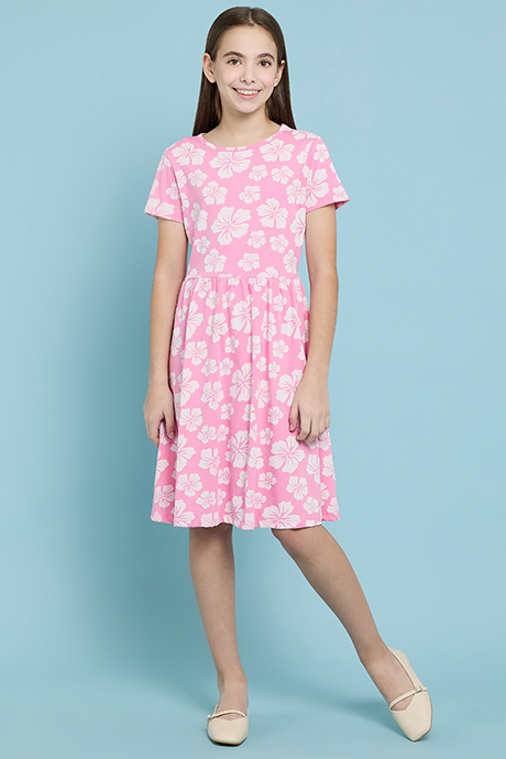 Floral Printed Fit & Flare Dress with Crew Neck and Short Sleeves