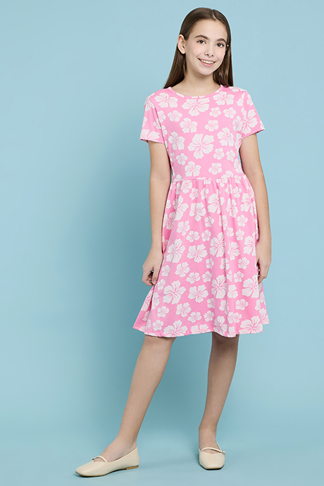 Floral Printed Fit & Flare Dress with Crew Neck and Short Sleeves