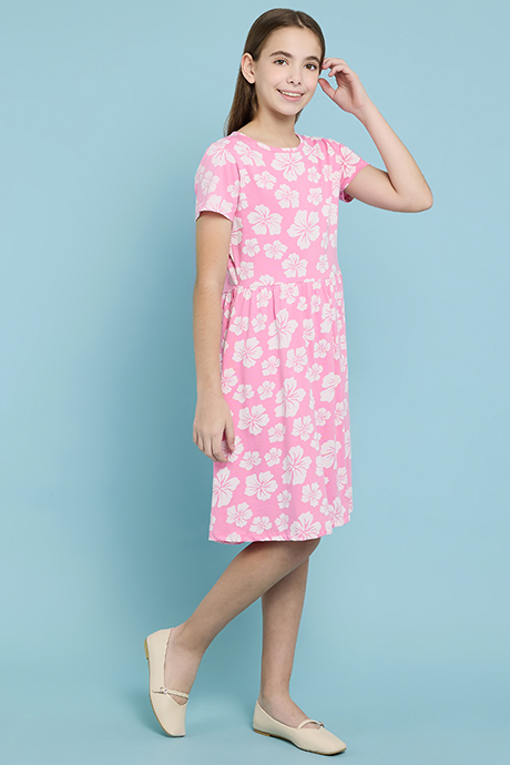Floral Printed Fit & Flare Dress with Crew Neck and Short Sleeves