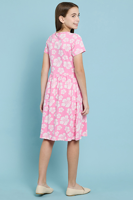 Floral Printed Fit & Flare Dress with Crew Neck and Short Sleeves
