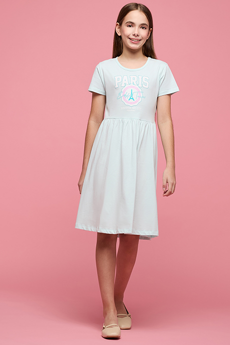 Printed Fit & Flare Dress with Crew Neck and Short Sleeves