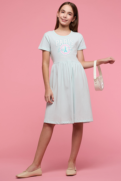 Printed Fit & Flare Dress with Crew Neck and Short Sleeves