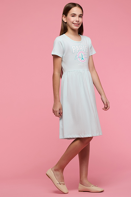 Printed Fit & Flare Dress with Crew Neck and Short Sleeves