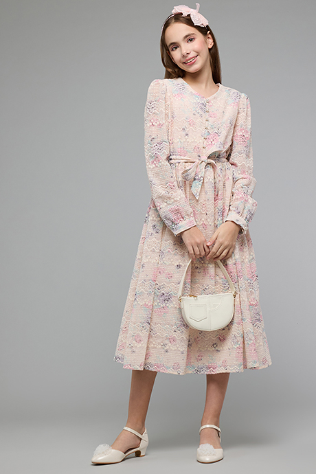 Embroidered Midi Dress with V-Neck and Long Sleeves