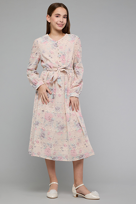 Embroidered Midi Dress with V-Neck and Long Sleeves
