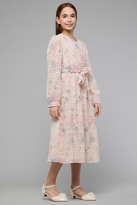 Embroidered Midi Dress with V-Neck and Long Sleeves