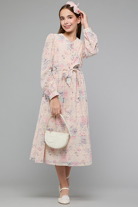 Embroidered Midi Dress with V-Neck and Long Sleeves