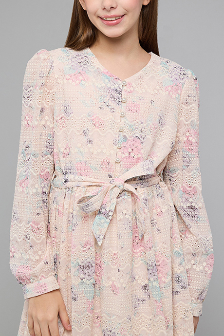 Embroidered Midi Dress with V-Neck and Long Sleeves