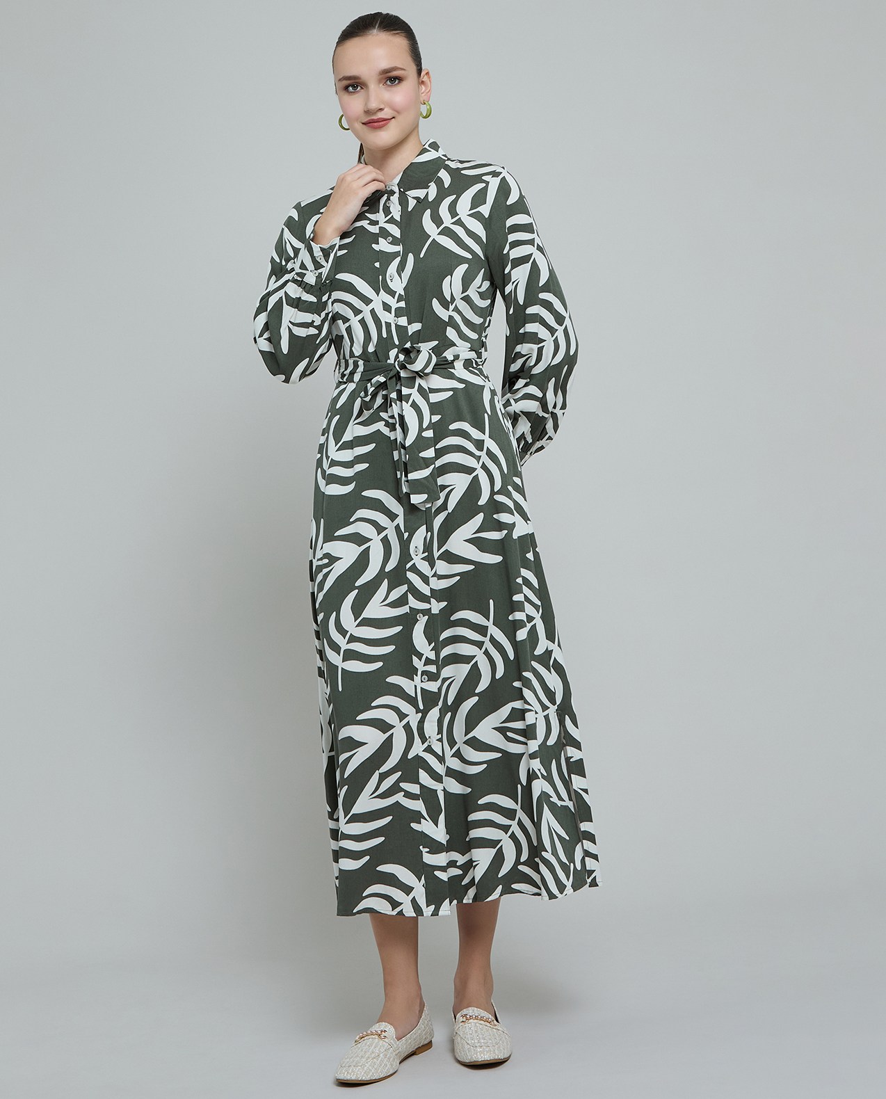 Patterned Shirt Dress with Long Sleeves
