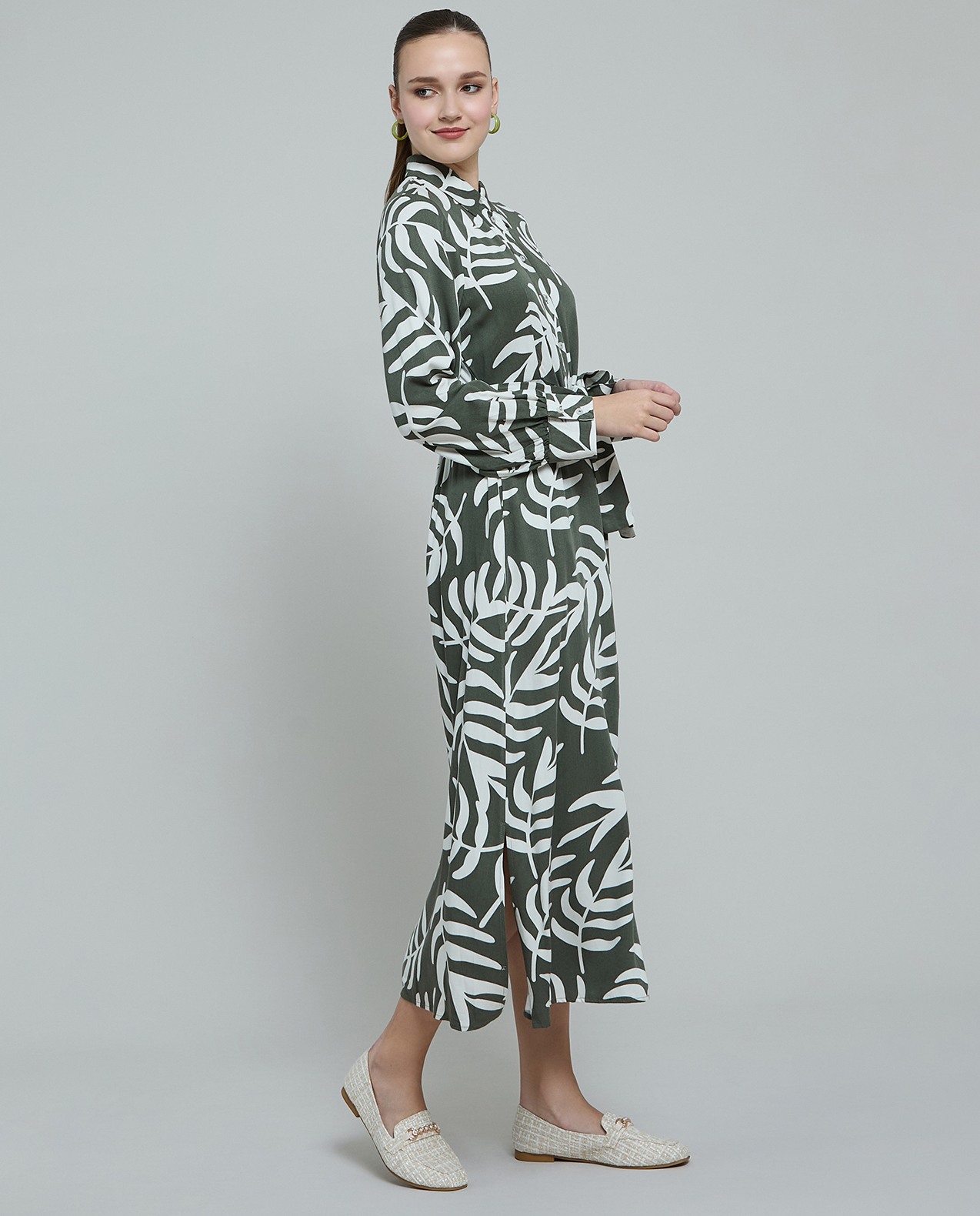 Patterned Shirt Dress with Long Sleeves