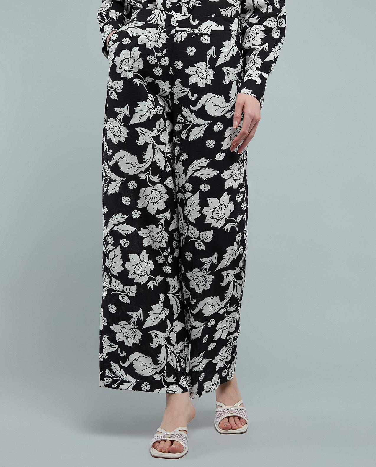 Patterned Wide Leg Pants with Elastic Waist
