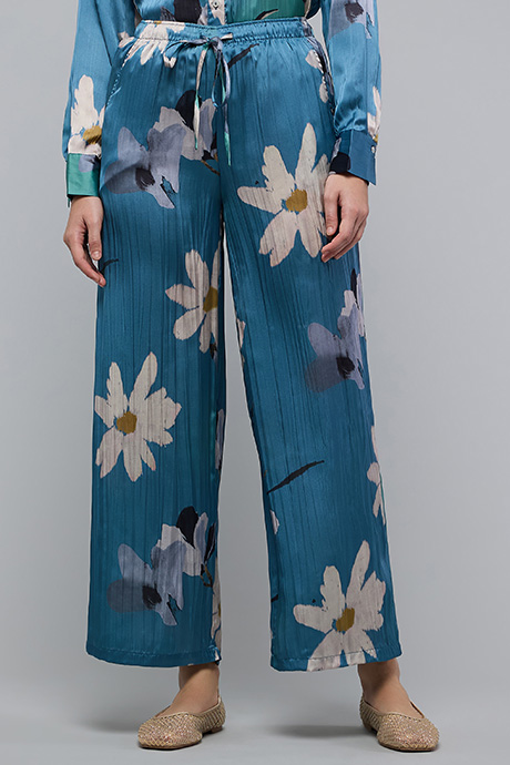 Floral Print Wide Leg Pants with Drawstring Waist