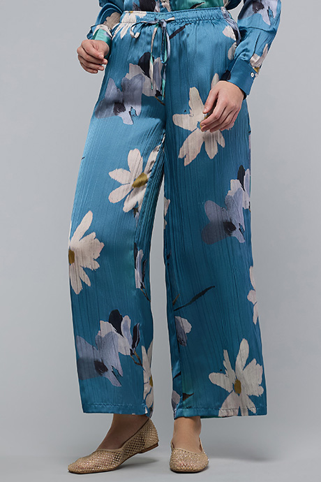 Floral Print Wide Leg Pants with Drawstring Waist