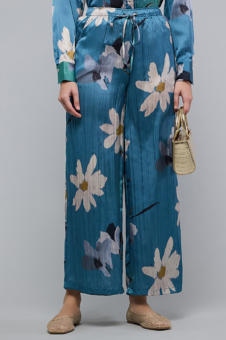 Floral Print Wide Leg Pants with Drawstring Waist