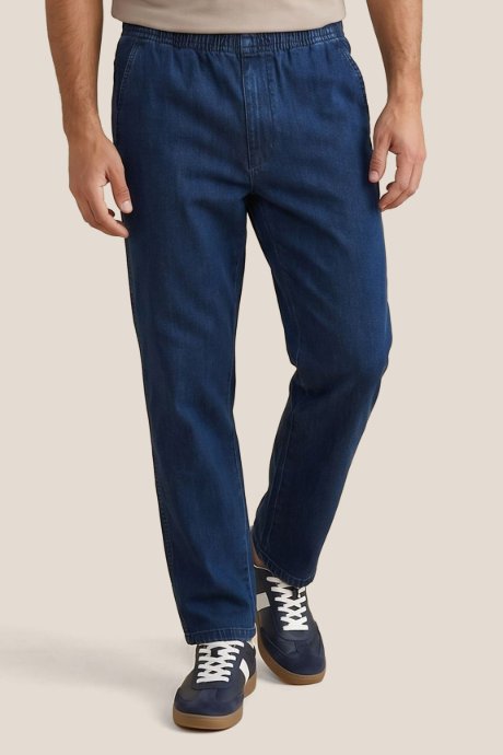 Washed Straight Fit Jeans with Elastic Waist