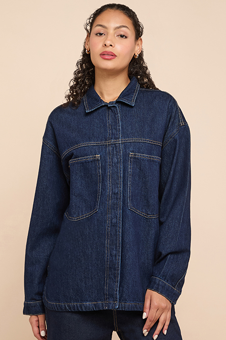 Washed Denim Shirt with Classic Collar and Long Sleeves