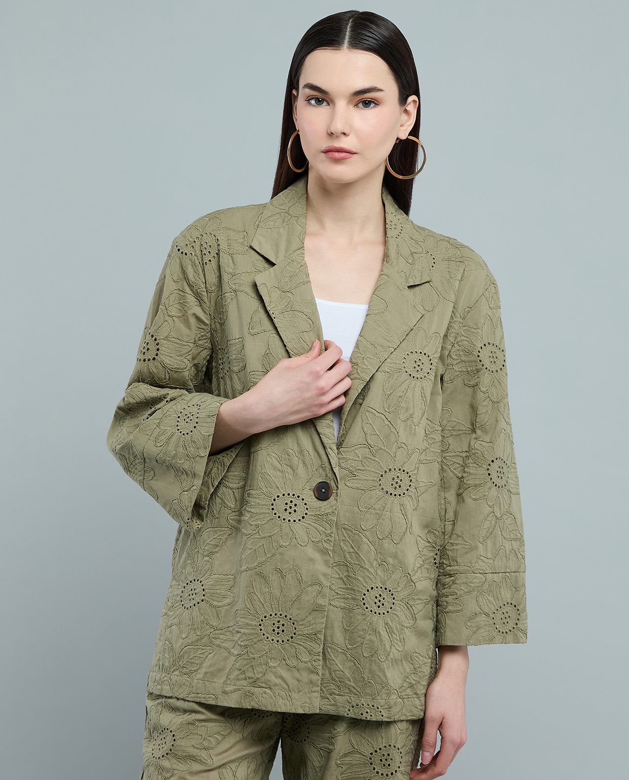 Embroidered Woven Jacket with Lapel Collar and Long Sleeves