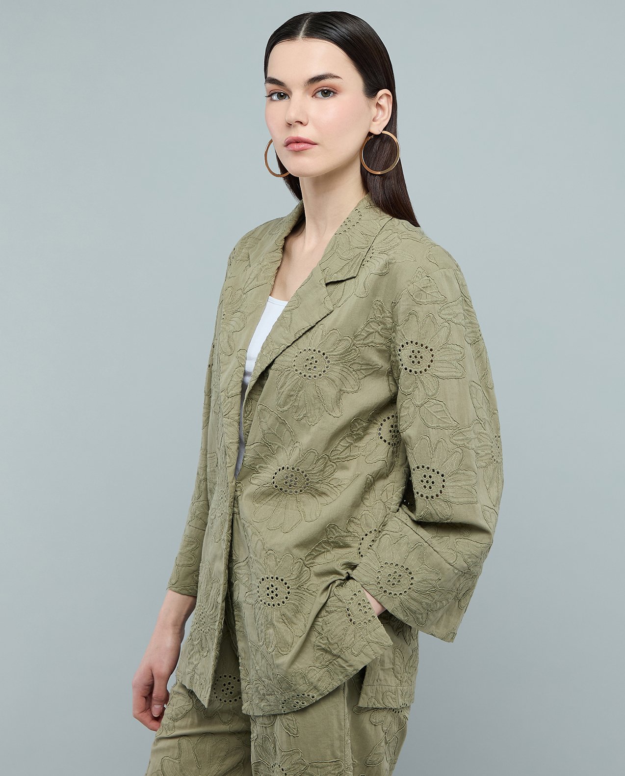 Embroidered Woven Jacket with Lapel Collar and Long Sleeves