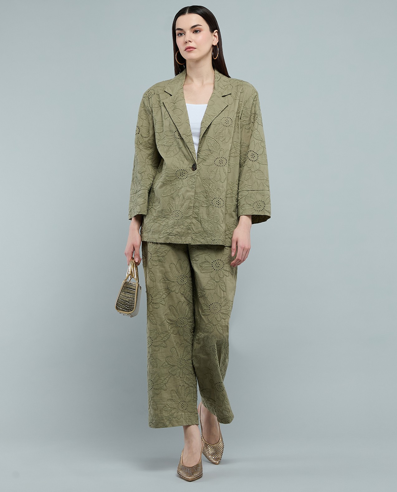 Embroidered Woven Jacket with Lapel Collar and Long Sleeves