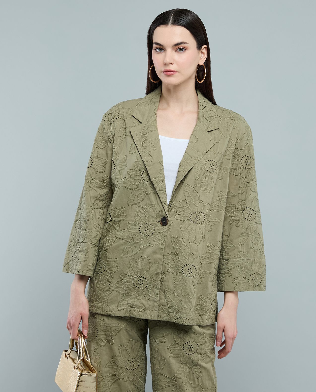 Embroidered Woven Jacket with Lapel Collar and Long Sleeves