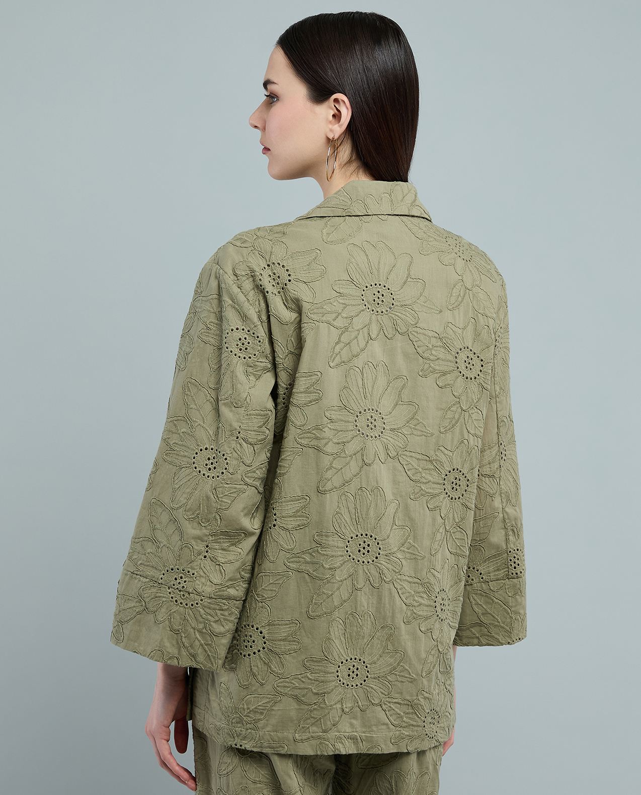 Embroidered Woven Jacket with Lapel Collar and Long Sleeves