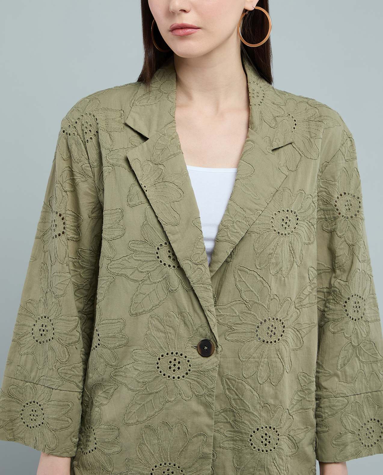 Embroidered Woven Jacket with Lapel Collar and Long Sleeves