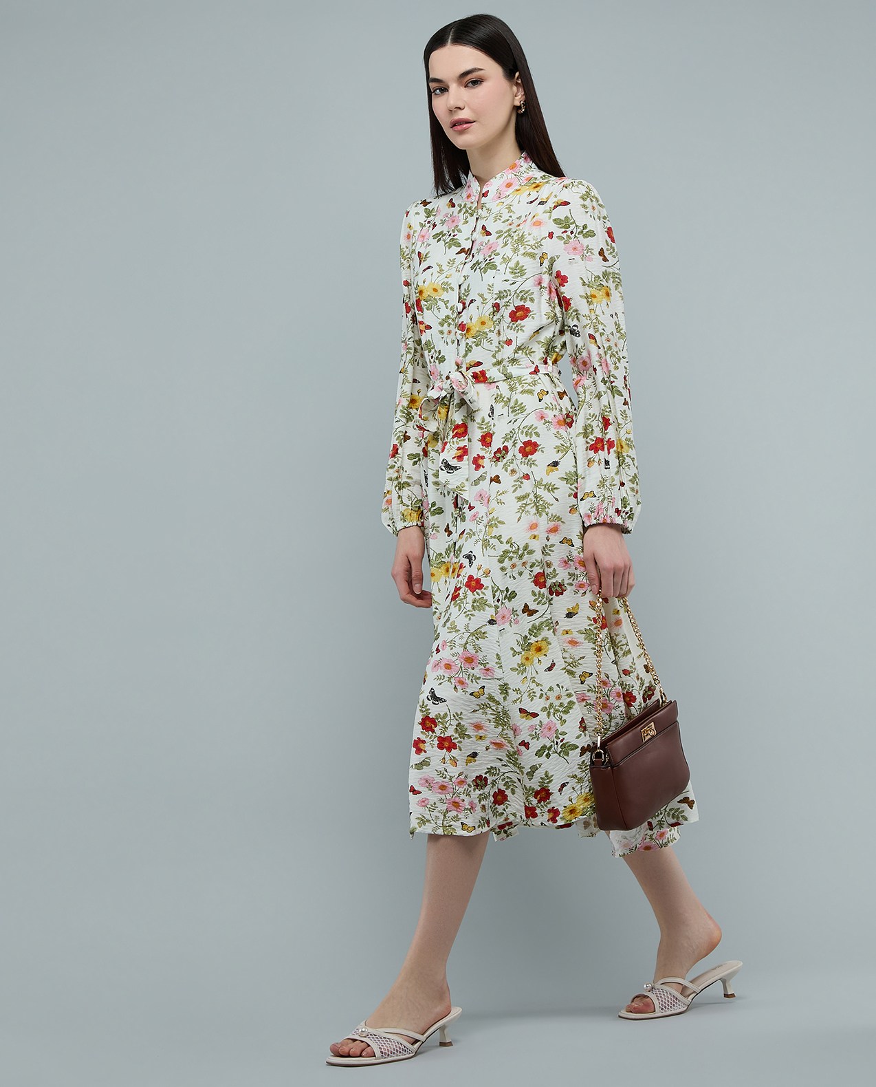Floral Patterned Midi Dress with Stand Collar and Long Sleeves